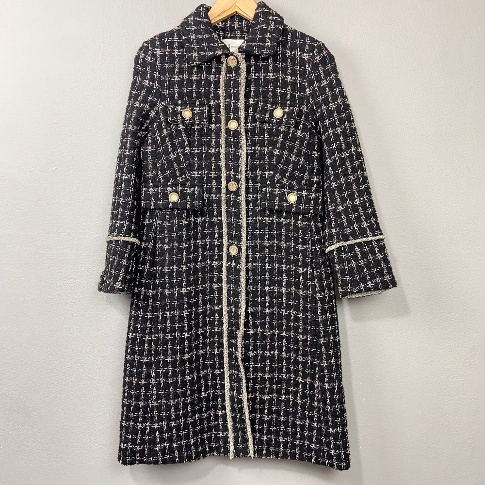 gstudio Black Tweed Long Coat Size 55 US XS-S Gold Buttons Gossip Girl Glam